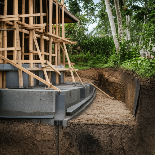 Illustration of a sustainable Balinese building foundation integrating local materials, minimizing excavation, and utilizing water management principles based on the subak system.