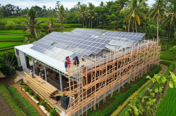 Sustainable industrial construction in Bali, showcasing green building technologies and eco-friendly design.