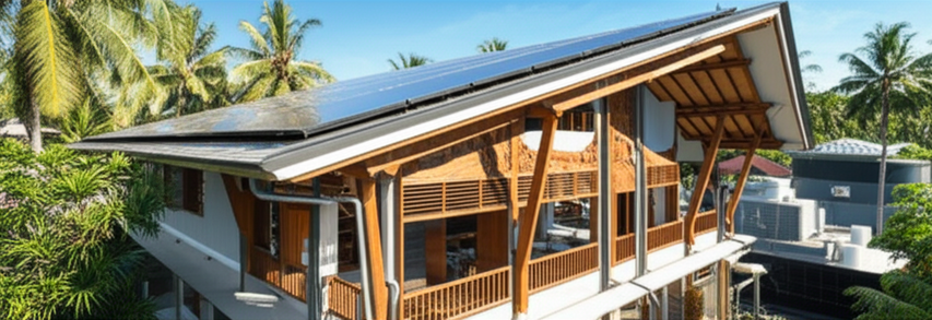 Architectural rendering of a modern building in Bali with integrated sustainable MEP systems, including rainwater harvesting, greywater recycling, and solar panels, demonstrating the integration of technology and Balinese culture.