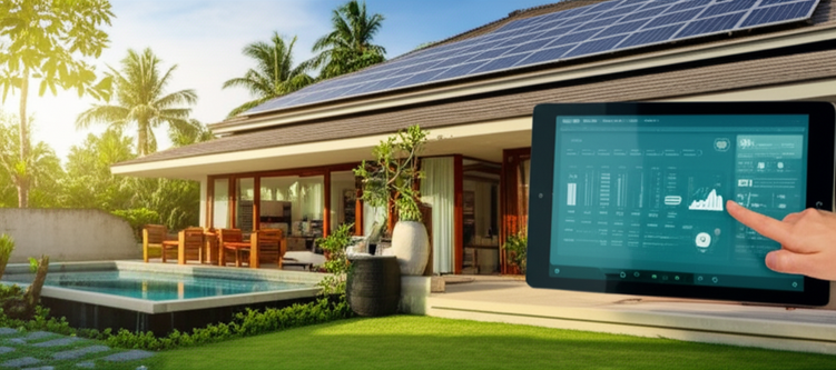 Illustration of a Balinese villa showcasing sustainable MEP solutions, including solar panels, rainwater harvesting, and a smart building management system.