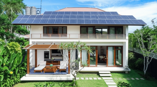 Illustration of a sustainable and smart Bali villa with solar panels, rainwater harvesting, and eco-friendly landscaping.