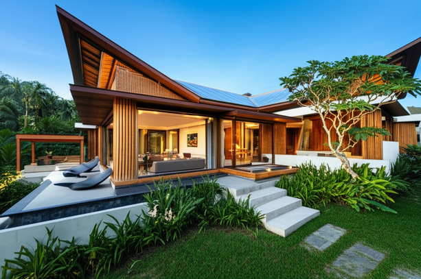 A rendering of a modern, sustainable villa in Bali, showcasing smart home technology, eco-friendly materials, and integration with the natural environment.