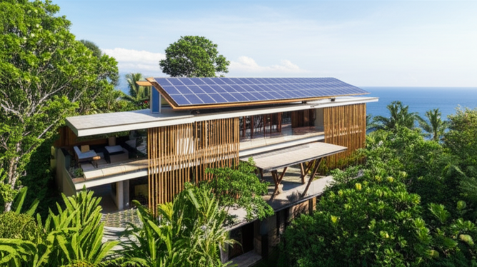 Rendering of a sustainable Balinese villa with solar panels, bamboo construction, and integrated landscaping.