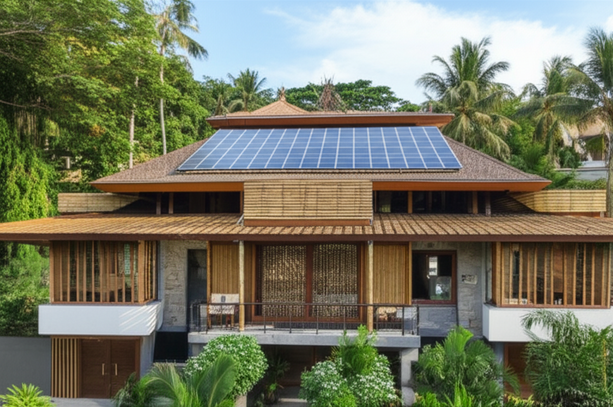 A rendering of a modern, sustainable villa in Bali, showcasing eco-friendly design and integration with the natural landscape.