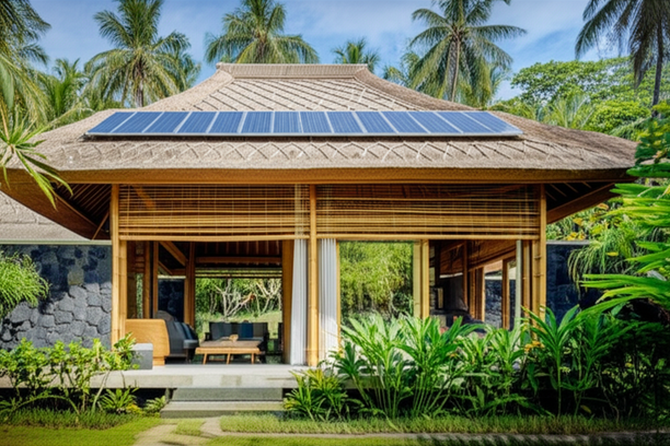Eco-friendly villa in Bali showcasing sustainable building practices, including bamboo construction, solar panels, and integration with the natural landscape.