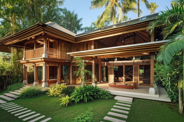 A sustainable villa in Bali, built with reclaimed wood, bamboo, natural stone, and solar panels, showcasing eco-friendly architecture.