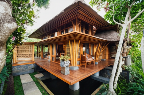 Illustration of a sustainable villa in Bali, showcasing the use of bamboo, coconut wood, natural stone, and traditional roofing materials, integrated into a lush tropical landscape.