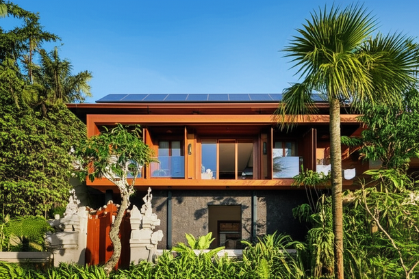 A sustainable villa in Bali, showcasing eco-friendly design and integration with the natural landscape.