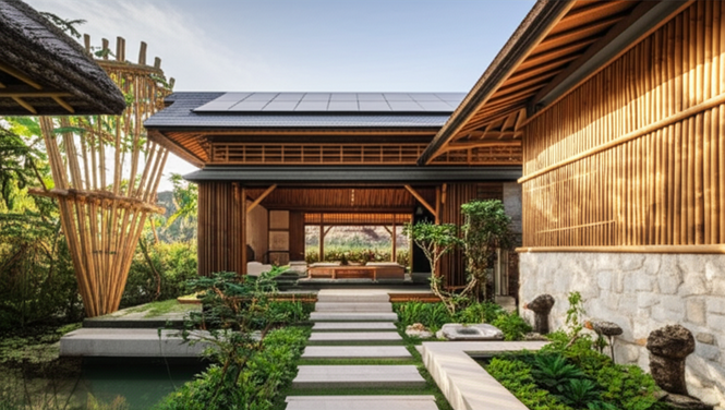 Architectural rendering of a Balinese villa renovation featuring sustainable materials and eco-friendly design.