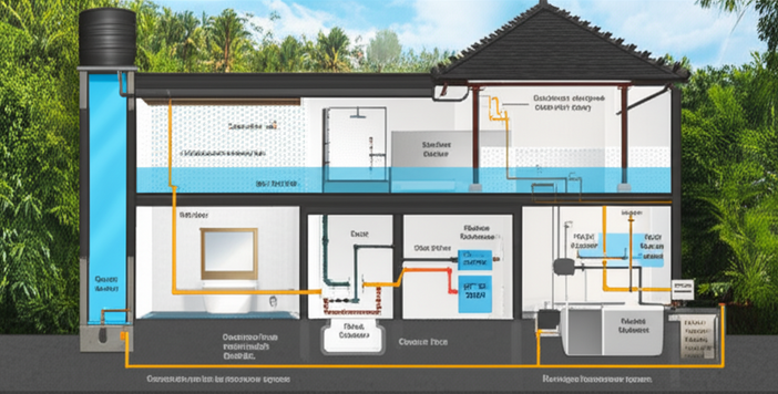 Illustration of sustainable water systems in a Balinese building, including rainwater harvesting, greywater recycling, and proper wastewater treatment.