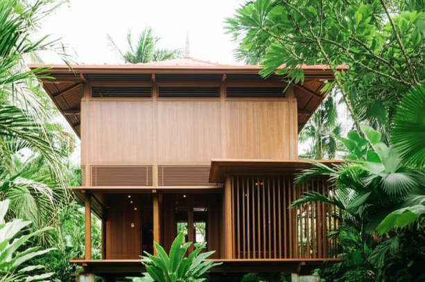A sustainably built wooden villa in Bali, showcasing eco-friendly design and construction.