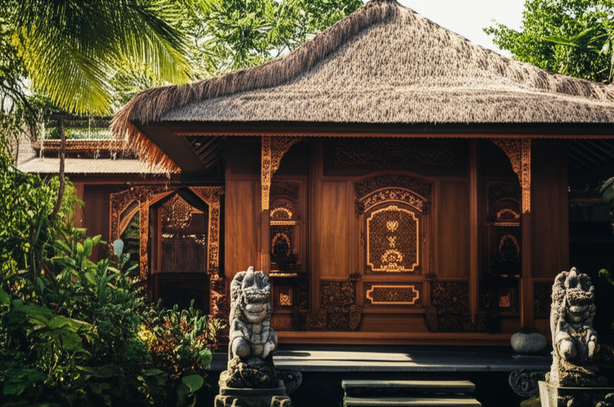 A traditional Balinese home with an alang-alang roof, intricate wood carvings, and a stone statue, surrounded by lush greenery.