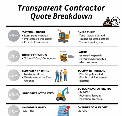 Infographic illustrating the key components of a transparent contractor quote for a construction project in Bali: material costs, labor expenses, equipment rental, subcontractor fees, permits, and overhead/profit margins.