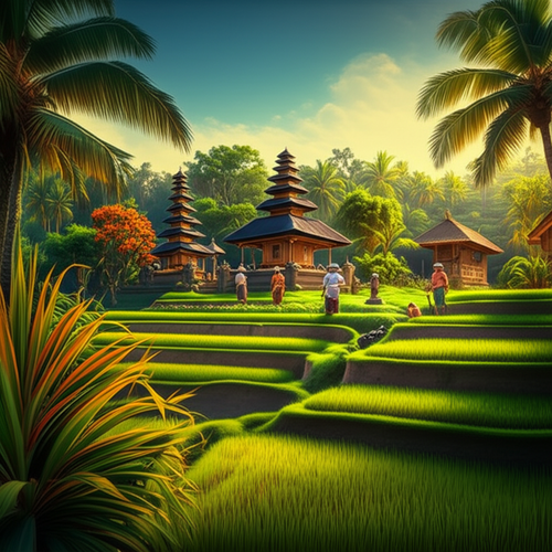 Illustration of Tri Hita Karana, the Balinese philosophy of harmony between humans, nature, and the divine, depicting a temple, rice paddies, and people.