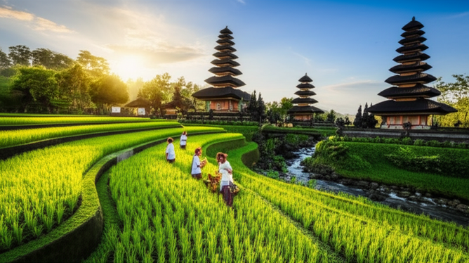 Illustration of Tri Hita Karana in Bali, showcasing the harmony between God, humans, and nature.