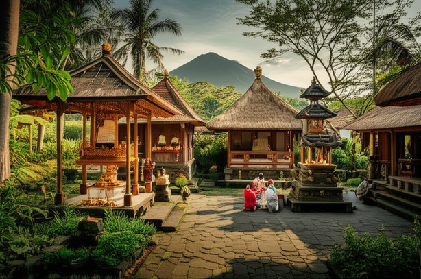 Illustration of a traditional Balinese family compound, showcasing the principles of Tri Hita Karana, with a family temple, open courtyard, and natural surroundings.