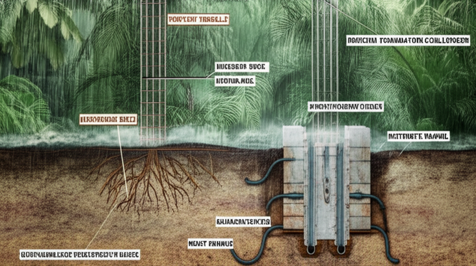 Illustration showing a concrete foundation in a tropical environment, highlighting the impact of high humidity, rainfall, termite, and root intrusion, and illustrating drainage systems, corrosion-resistant concrete, and protective barriers.