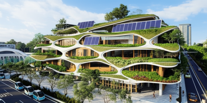 Futuristic architectural rendering showcasing tropical futurism in Bali, integrating technology, nature, and Balinese culture.