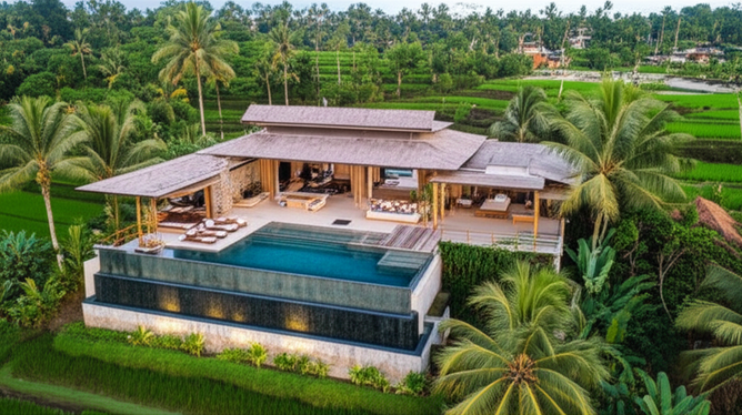 Aerial view of a Balinese villa showcasing tropical modernism architecture, with an infinity pool, and integration with the natural landscape.