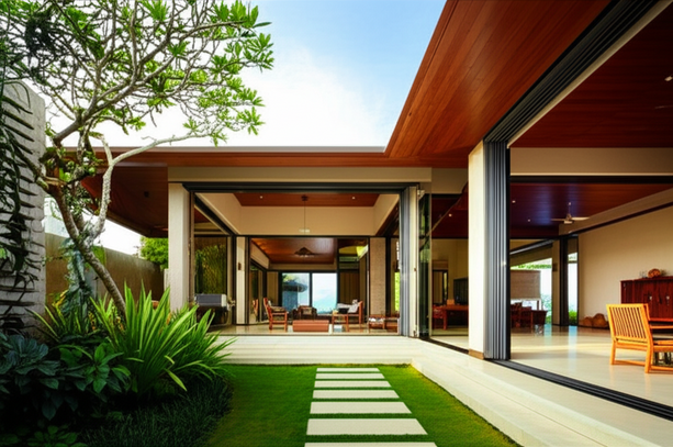 Architectural rendering of a tropical modernist villa in Bali, showcasing a seamless indoor-outdoor connection and sustainable design elements.