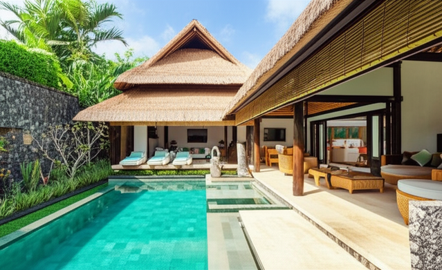Modern Balinese villa with open living areas, pool, and lush gardens, illustrating sustainable design and outdoor living.