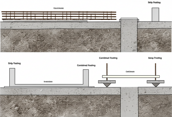 Diagram illustrating different types of shallow foundations: strip footing, isolated footing, combined footing, strap footing, and slab-on-grade.