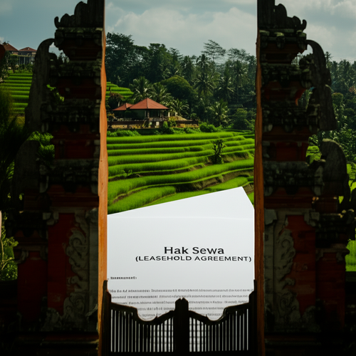 Illustration of a leasehold agreement (Hak Sewa) in Ubud, Bali, showing property details and Balinese architecture.
