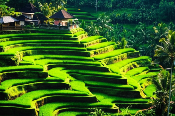 Panoramic view of Ubud's emerald rice paddies, showcasing the area's natural beauty and agricultural heritage.