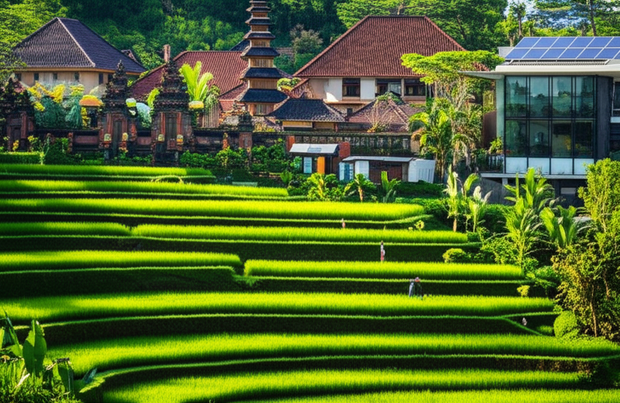 A visualization of Ubud, Bali, showcasing sustainable development and the preservation of its cultural and natural heritage, featuring rice fields, temples, and a modern building.