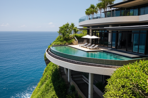 Luxury villa perched on a cliff in Bali, showcasing architectural prowess and engineering solutions.