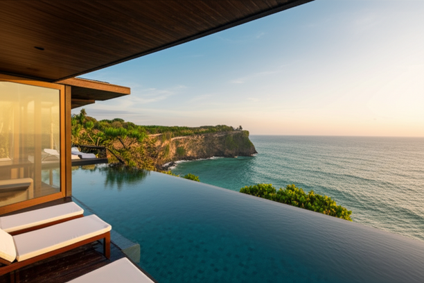 A luxurious villa on the cliffside in Uluwatu, Bali, overlooking the ocean at sunset.