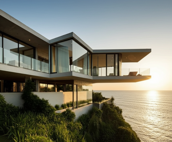 Modern minimalist villa on a cliffside in Bali, with ocean views and a luxurious design.