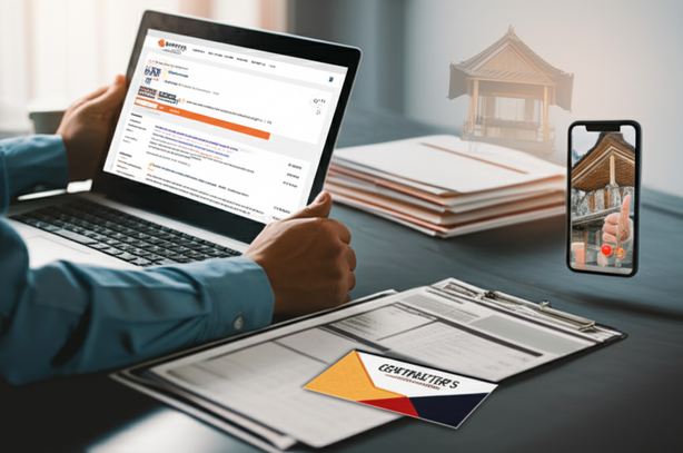 Illustration of a person researching and vetting potential construction contractors in Bali.