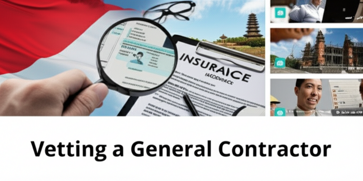 Image illustrating the core requirements for vetting a general contractor, including license verification, insurance review, and client testimonials. The setting suggests a Bali construction project.