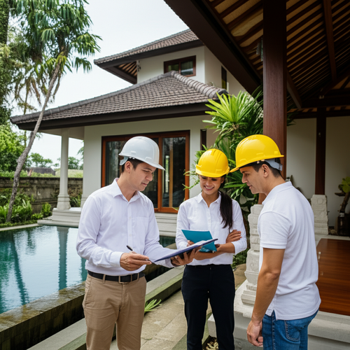 Final inspection of a luxury Bali villa during handover, with a construction team and owner reviewing details and a snag list.