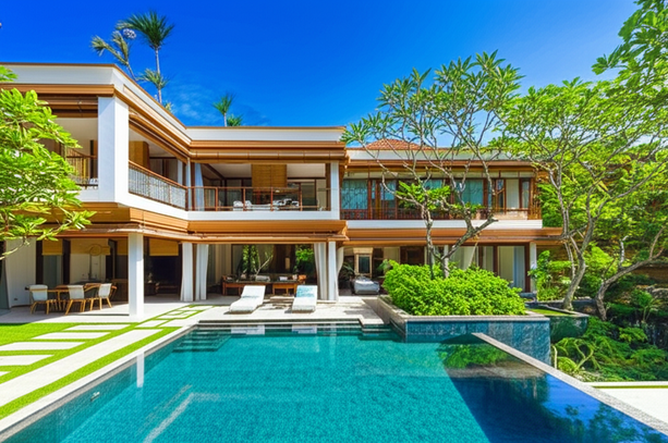 Architectural rendering of a modern villa in Bali, showcasing sustainable design and integration with the tropical environment.