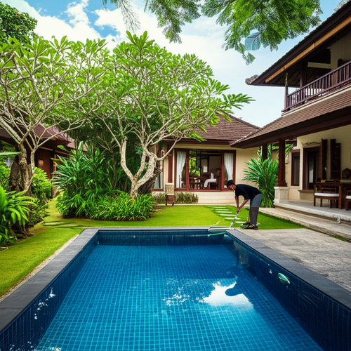 A beautiful Bali villa with a well-maintained garden and pool, showcasing the importance of property management.