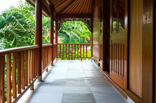 A beautifully maintained Balinese balcony with timber railings and stone flooring, showcasing the results of regular maintenance and care.