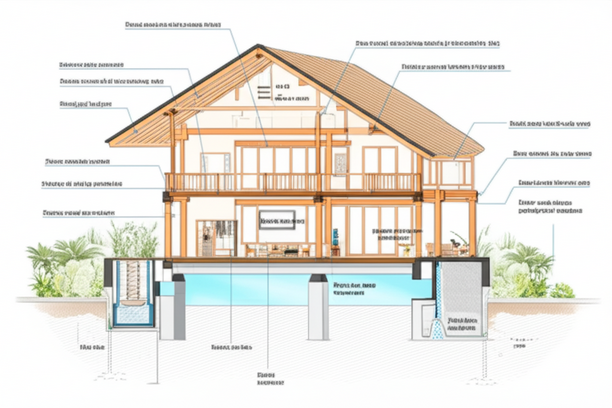 Diagram illustrating risk mitigation strategies for a wooden villa in Bali, including wood treatment, architectural design, and site management.