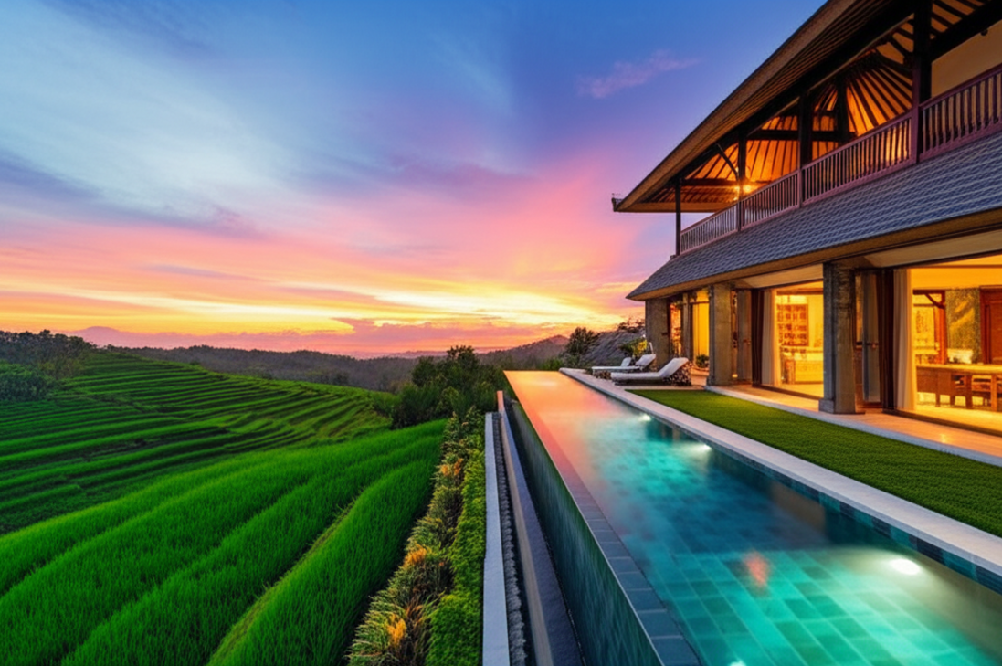 Luxurious custom-built villa in Bali at sunset, with an infinity pool facing scenic rice fields, symbolizing the trend of bespoke tropical homes and integrated indoor-outdoor living.