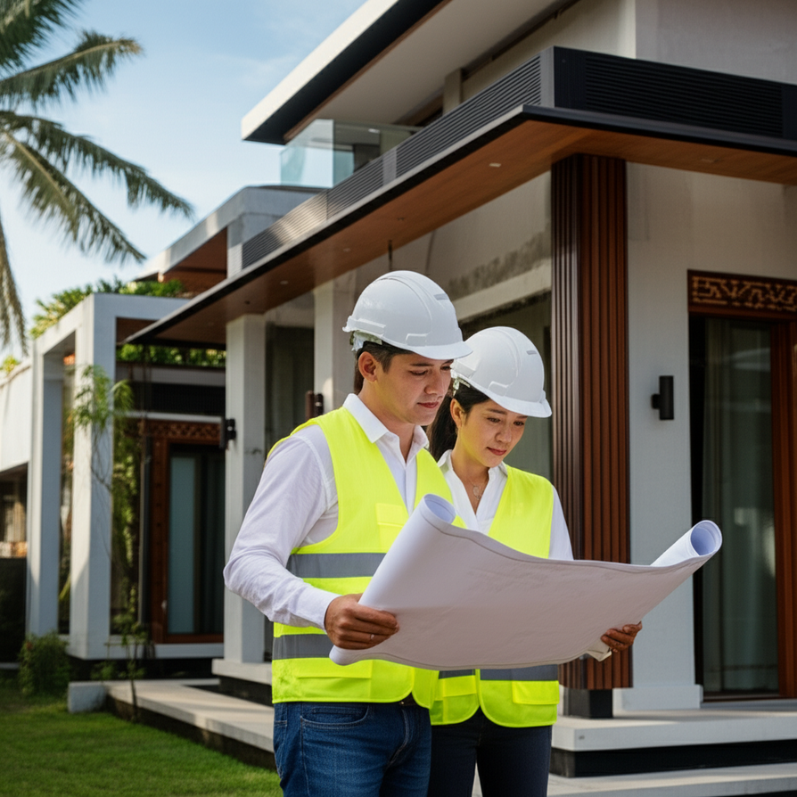 A general contractor in a hard hat reviewing blueprints on a construction site of a modern villa in Bali, symbolizing trust and expertise in local building projects.