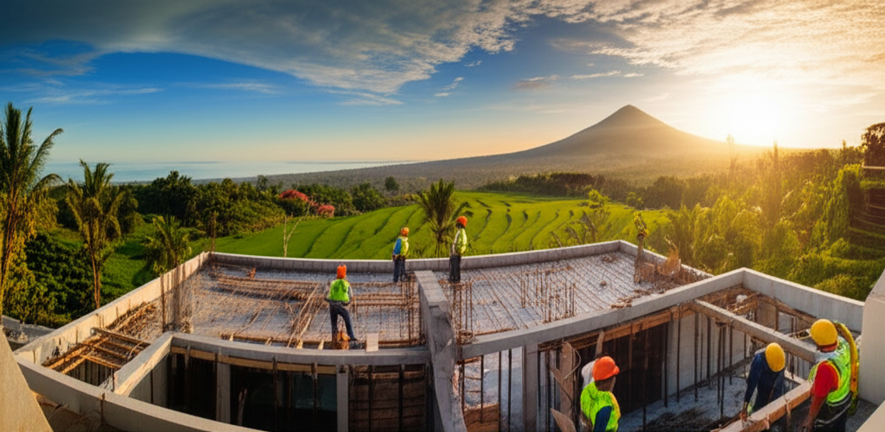 A luxurious villa under construction in Bali at sunset, blending modern design with traditional Balinese touches. Lush tropical landscape surrounds the site, with construction workers diligently at work, symbolizing progress and professional contractor services in Bali.