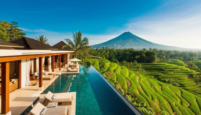 A luxurious Bali villa with an infinity pool, set against a backdrop of vibrant green rice terraces and majestic mountains, symbolizing foreign property ownership in paradise.