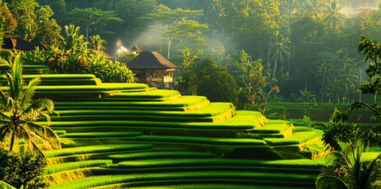 A high-angle view of lush green terraced rice paddies in Ubud, Bali, with traditional architecture nestled amidst tropical foliage, representing investment opportunities in a serene and culturally rich environment.