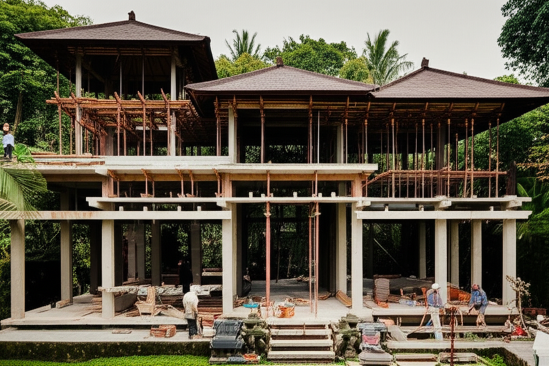 A wide shot of a luxurious, modern villa under construction in Bali, surrounded by vibrant green tropical foliage. Scaffolding is visible, and construction workers are at various stages of activity, symbolizing the ongoing effort and investment required. The image conveys both the beauty of the location and the complexities of building in Bali.
