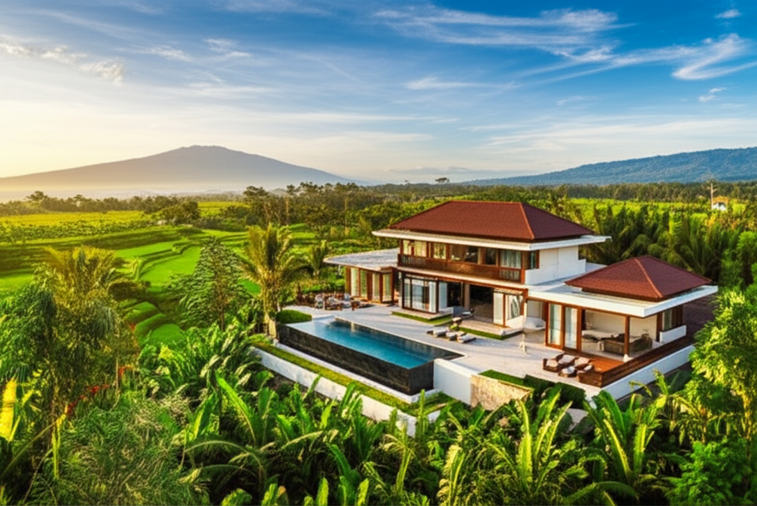 A luxurious Balinese villa with sustainable design, featuring a large infinity pool, surrounded by vibrant green rice terraces and palm trees under a clear blue sky, illustrating harmonious construction in Bali's designated land zones.