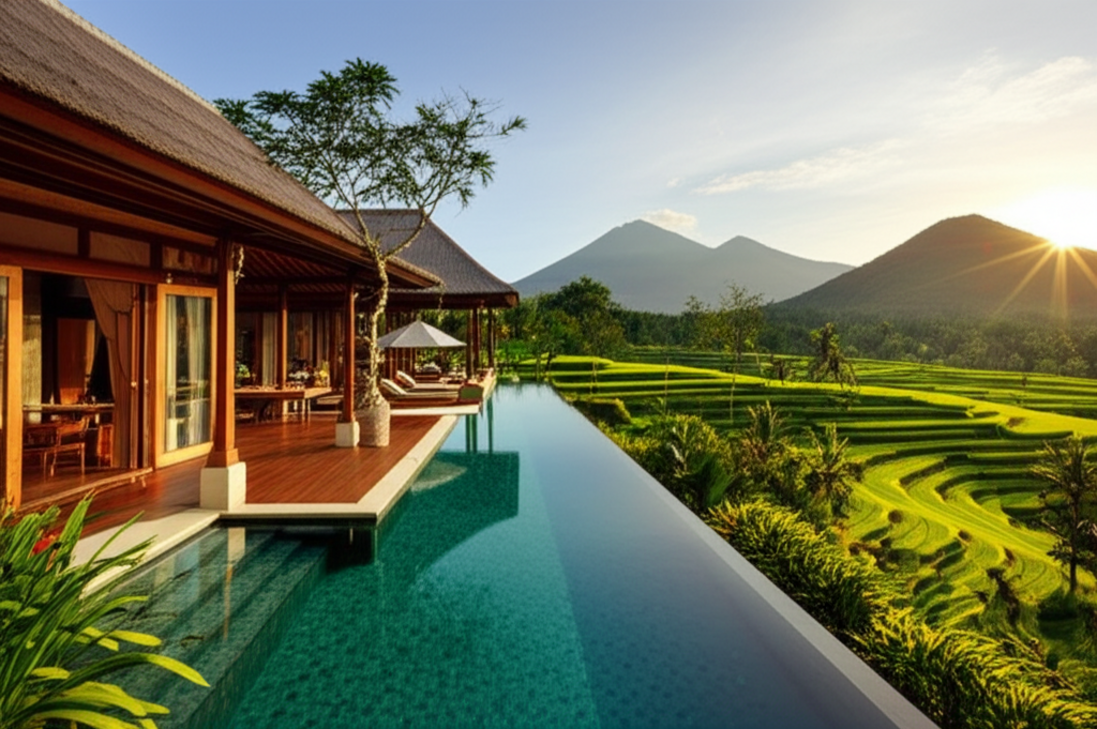 A stunning, modern Balinese villa at sunset, featuring a large infinity pool reflecting the golden sky. The villa is nestled amidst vibrant green rice terraces with majestic volcanoes in the background, showcasing traditional architecture and lush tropical landscaping. Ideal for a serene, high-end island lifestyle and investment.
