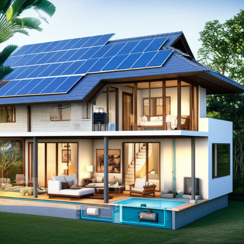 Cutaway illustration of a Balinese villa showcasing integrated sustainable technologies such as rainwater harvesting, solar panels, and passive design elements.