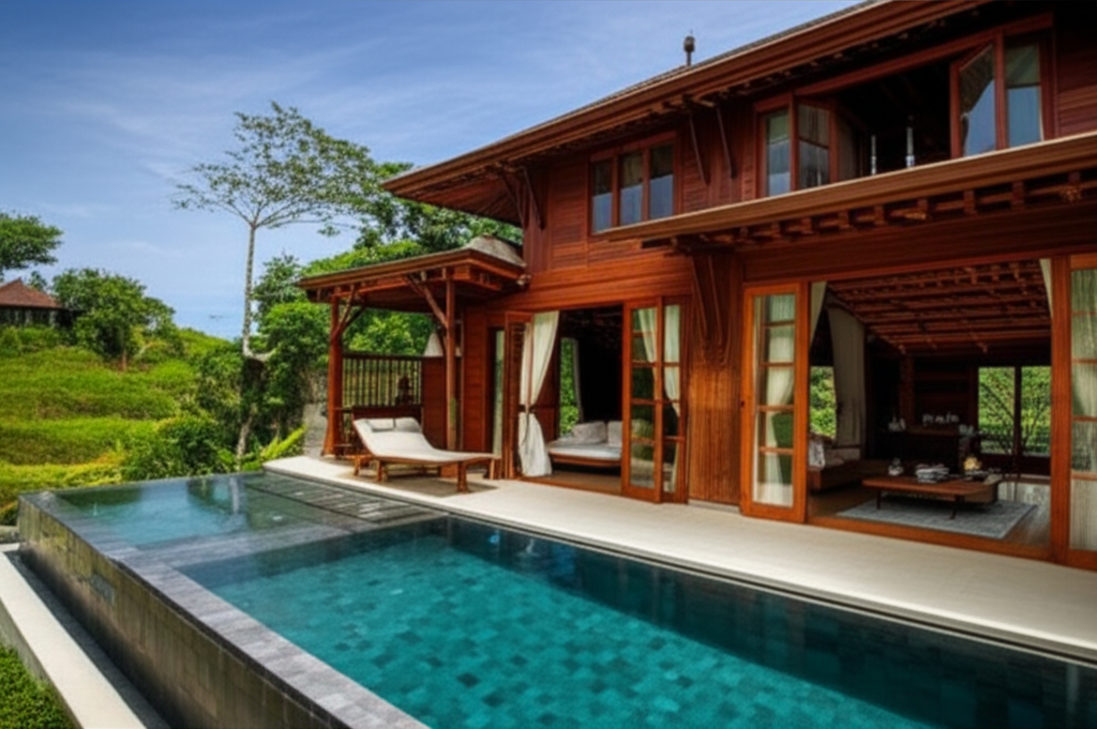 An aerial shot showcasing a luxurious, modern wooden villa constructed from rich, dark teak wood, nestled within a vibrant green tropical landscape in Bali, featuring an infinity pool overlooking rice paddies or the ocean, emphasizing the harmonious blend of architecture and nature for Bali construction.