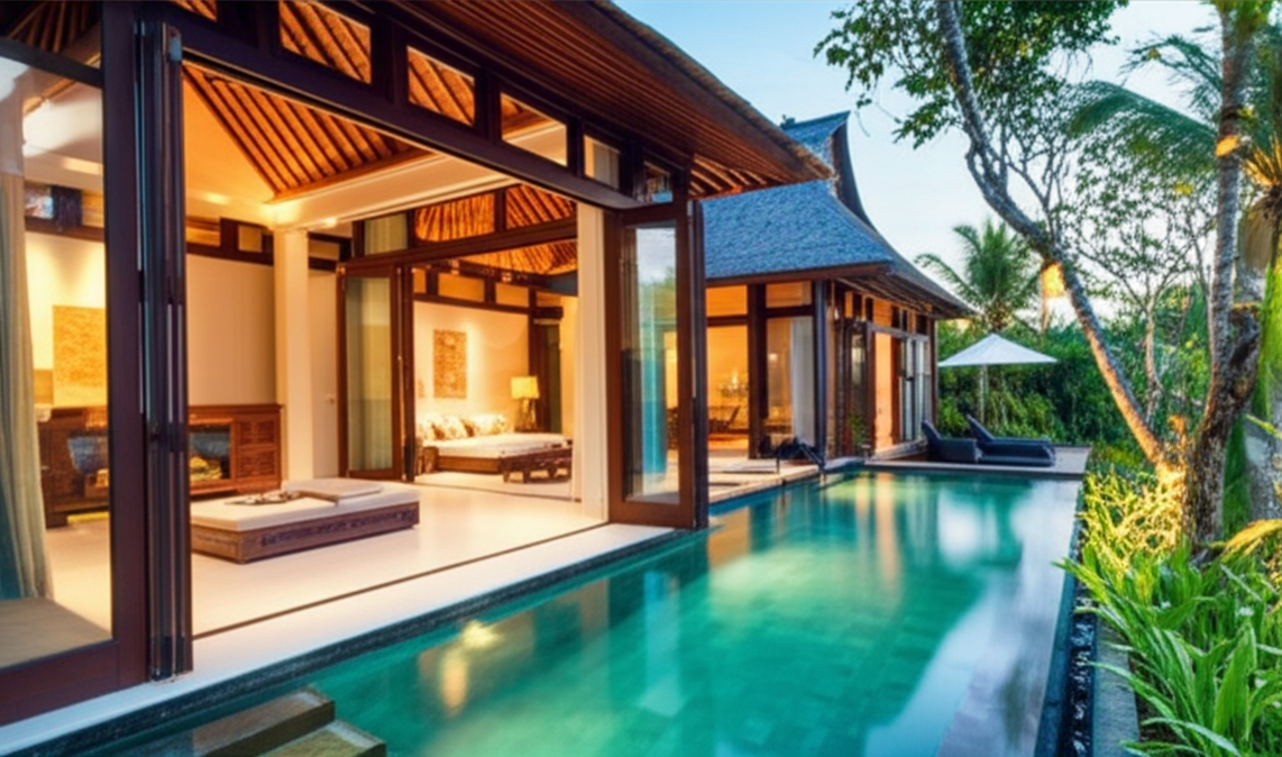 A stunning, modern Balinese villa showcasing large, open window systems and sliding doors that blur the lines between indoor and outdoor living, overlooking a verdant tropical garden and an inviting infinity pool. The image highlights sophisticated architectural design suitable for a tropical climate.